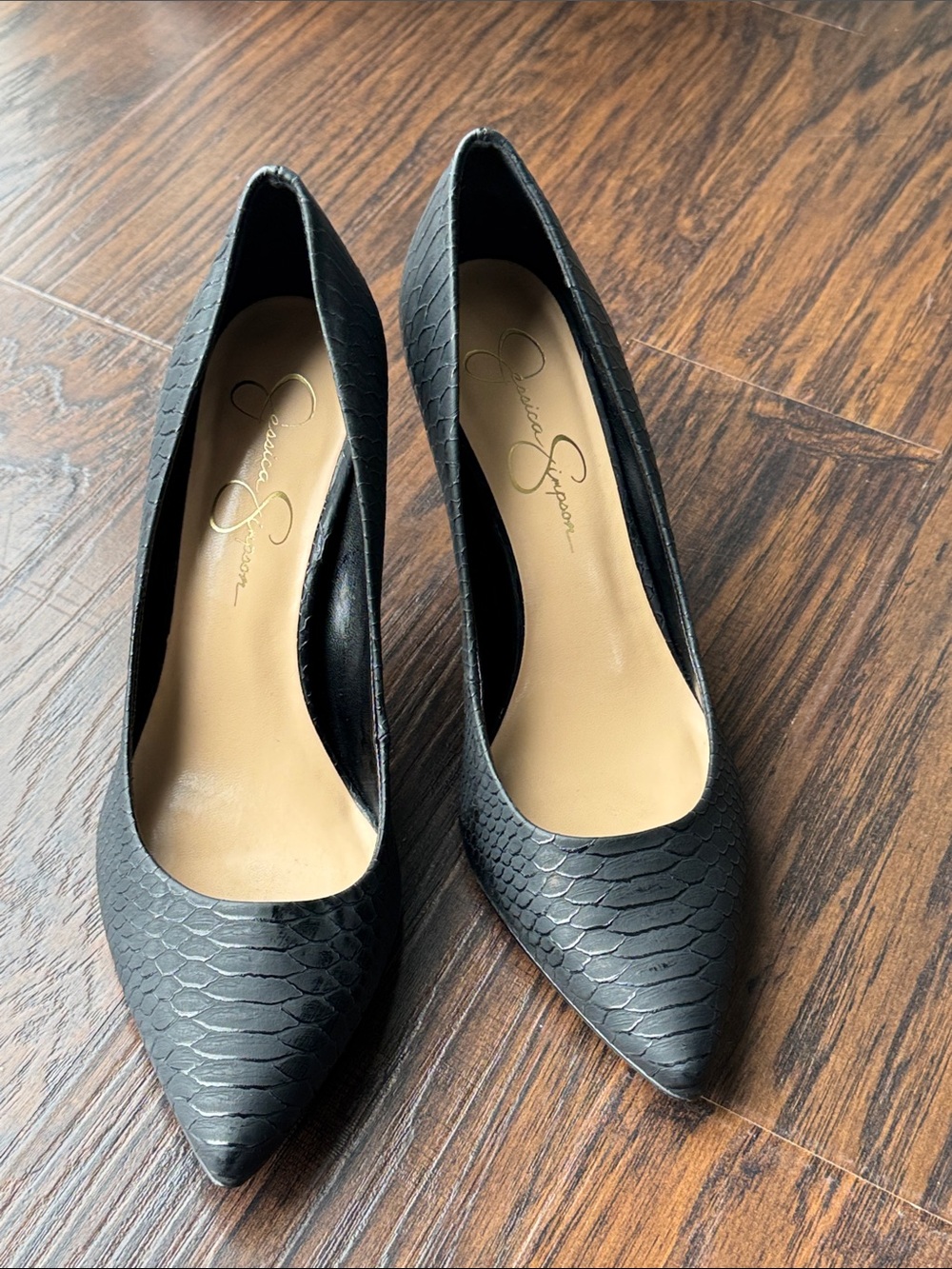 Jessica Simpson Black Faux-Snakeskin Pointed Toe Pumps